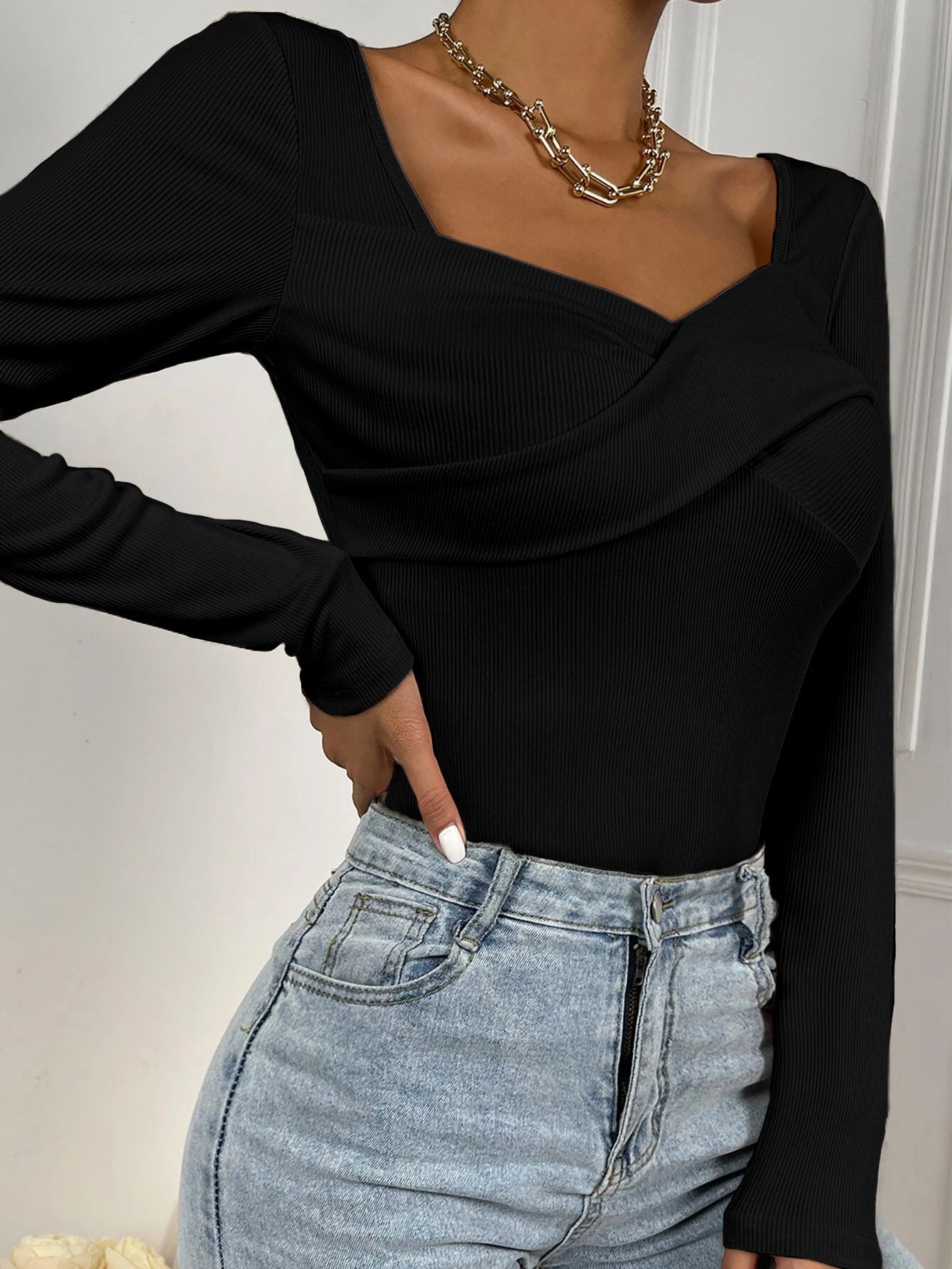 Slim Fit Ribbed Knit Top with Square Neck and Criss-Cross Detail