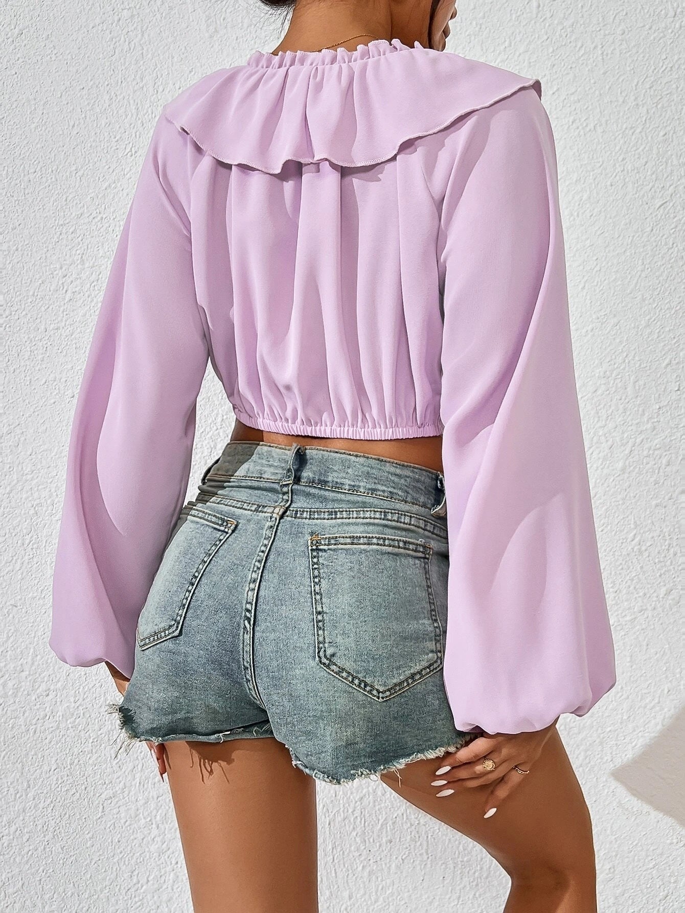 Cropped Ruffled Blouse with Puff Sleeves and Tie Front