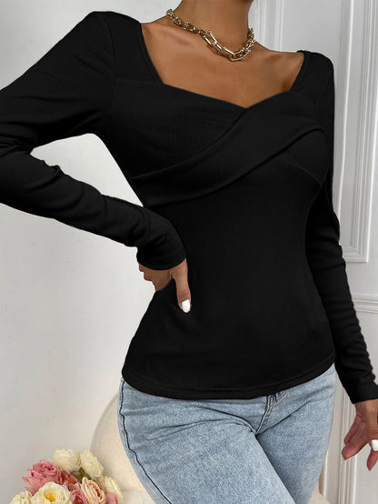 Slim Fit Ribbed Knit Top with Square Neck and Criss-Cross Detail