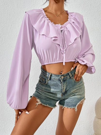 Cropped Ruffled Blouse with Puff Sleeves and Tie Front