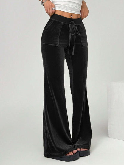 Wide-Leg Velvet Pants with Drawstring and Front Pockets
