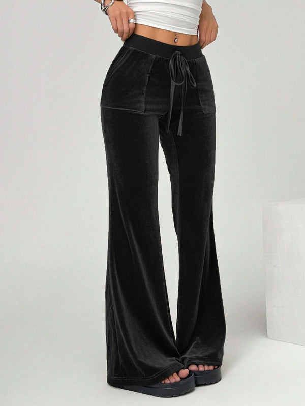 Wide-Leg Velvet Pants with Drawstring and Front Pockets