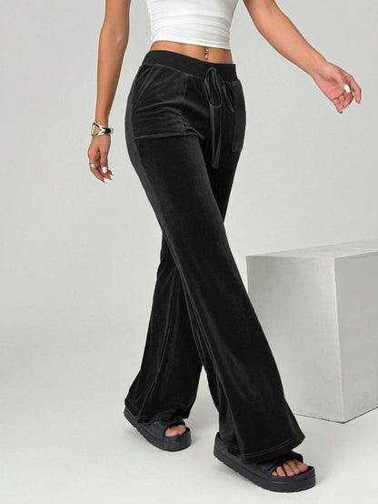 Wide-Leg Velvet Pants with Drawstring and Front Pockets