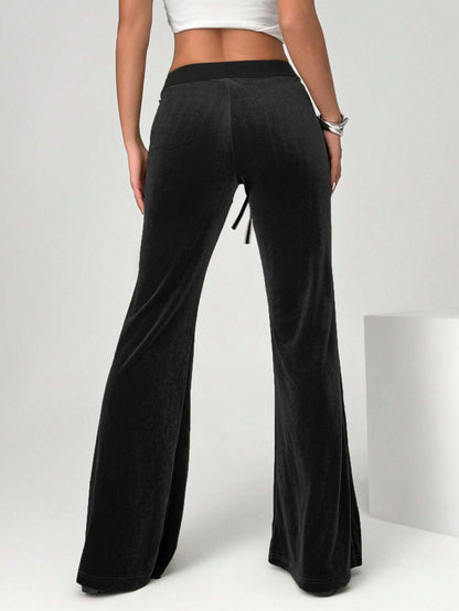 Wide-Leg Velvet Pants with Drawstring and Front Pockets