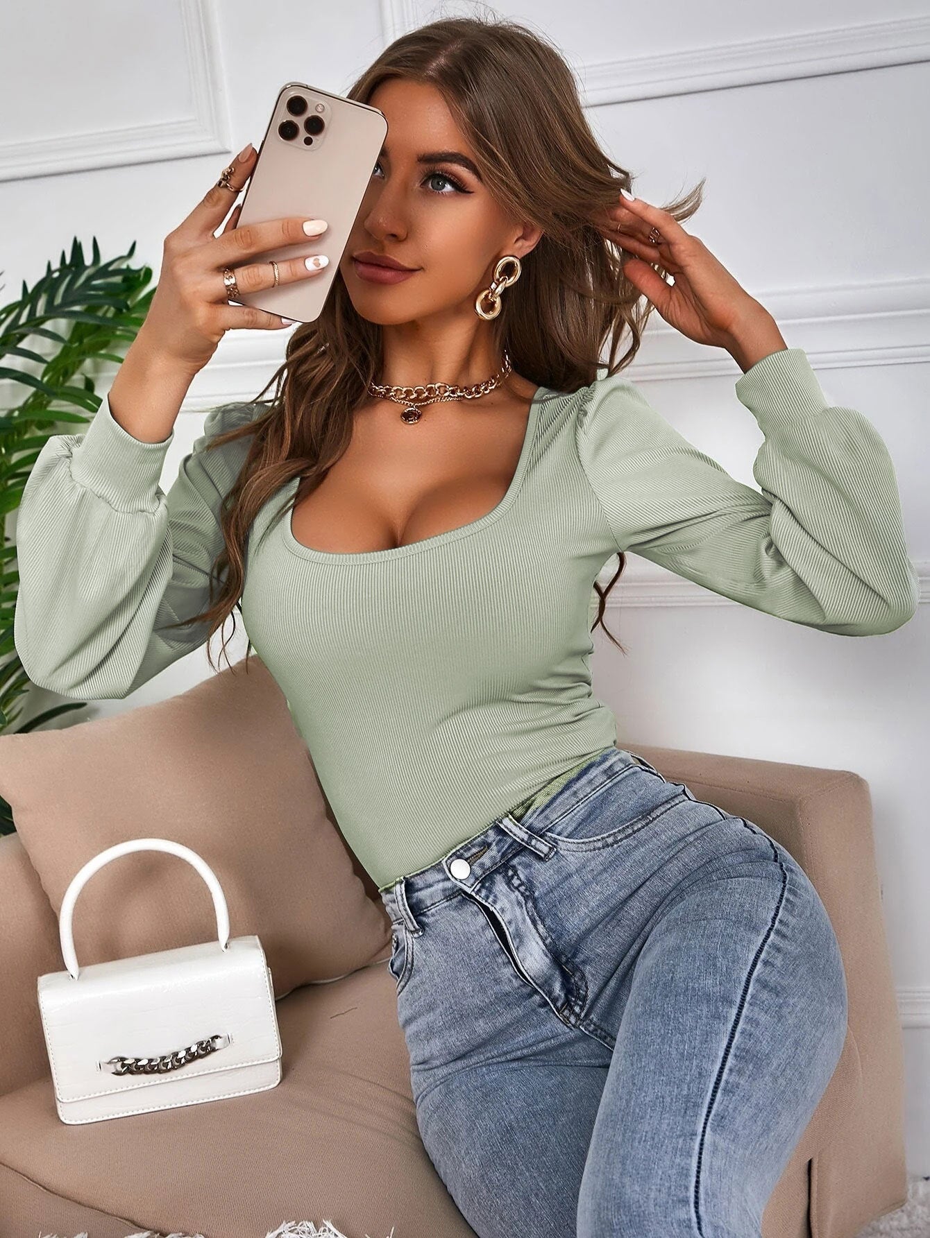 Slim Fit Ribbed Knit Top with U-Neck and Puff Sleeves