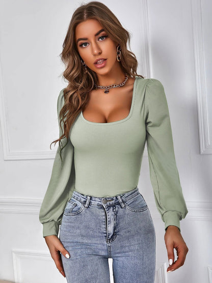 Slim Fit Ribbed Knit Top with U-Neck and Puff Sleeves
