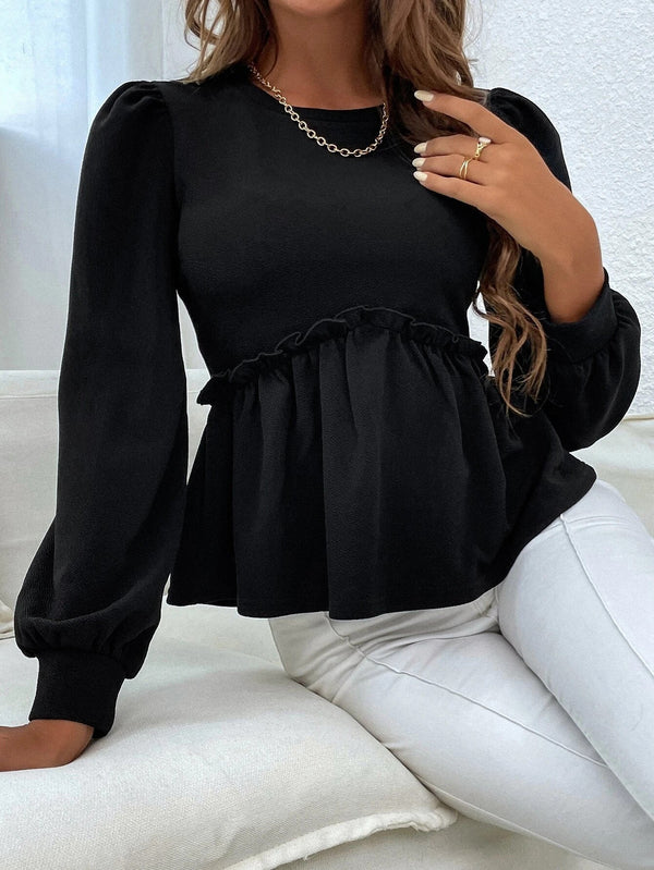 Peplum Long Sleeve Top with Puff Sleeves and Ruffled Trim
