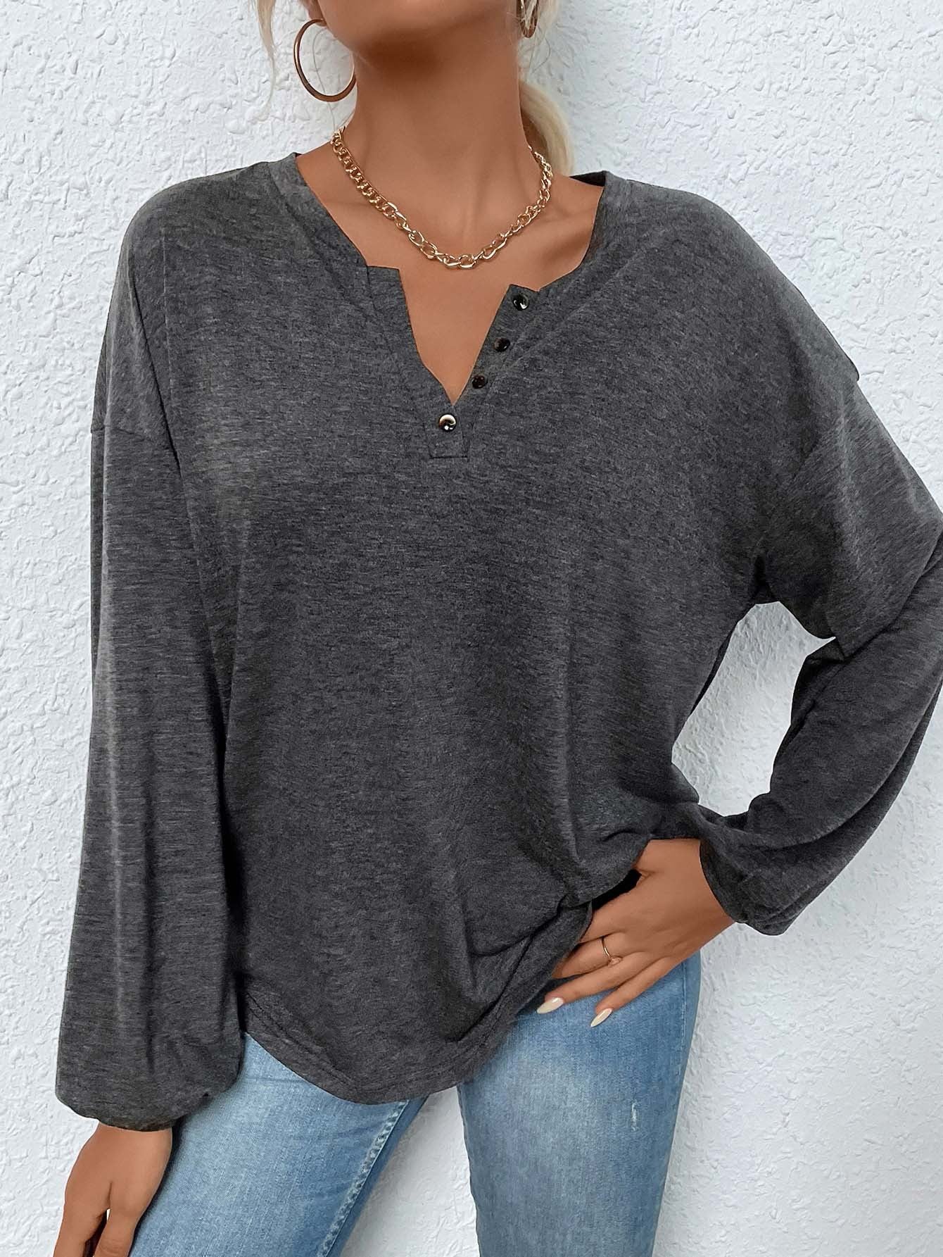 Relaxed Henley Top with Lantern Sleeves and V-Neck