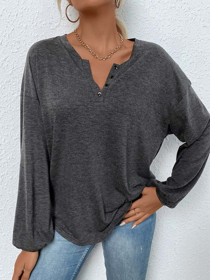 Relaxed Henley Top with Lantern Sleeves and V-Neck