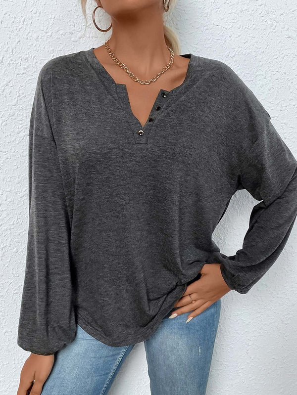 Relaxed Henley Top with Lantern Sleeves and V-Neck