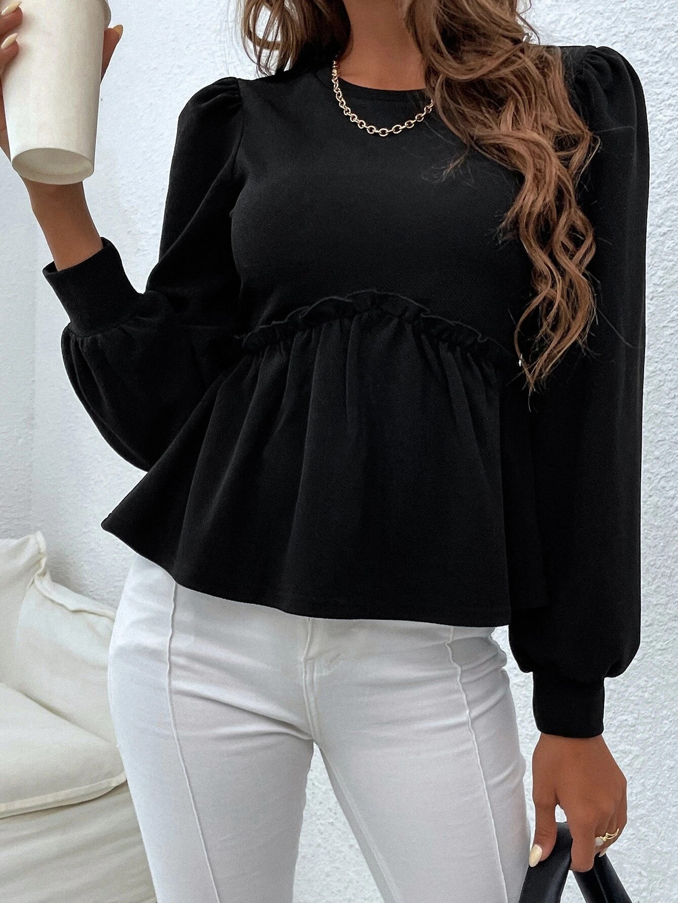 Peplum Long Sleeve Top with Puff Sleeves and Ruffled Trim