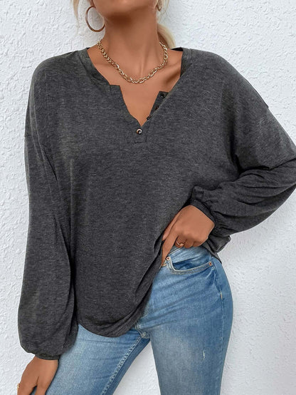 Relaxed Henley Top with Lantern Sleeves and V-Neck