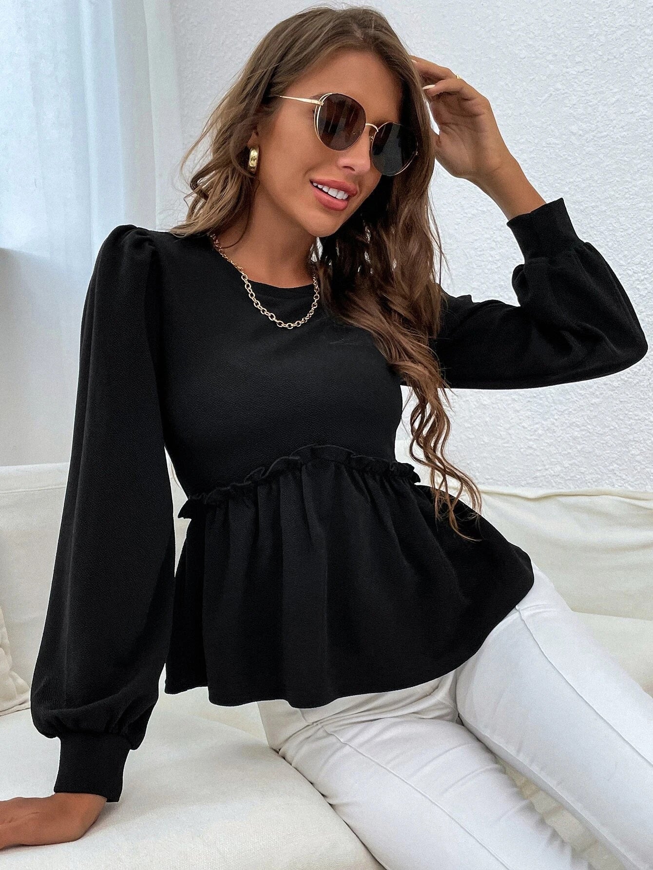 Peplum Long Sleeve Top with Puff Sleeves and Ruffled Trim