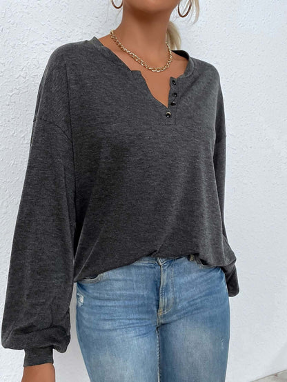 Relaxed Henley Top with Lantern Sleeves and V-Neck