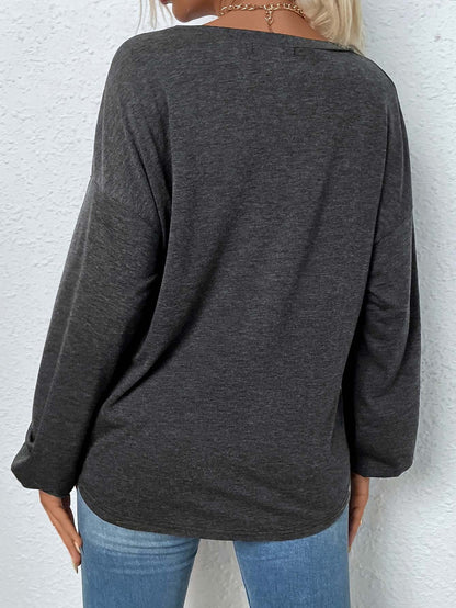Relaxed Henley Top with Lantern Sleeves and V-Neck