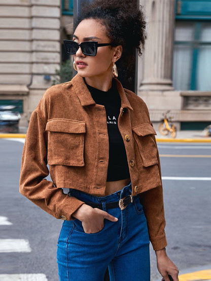 Cropped Corduroy Jacket with Lapel and Flap Pockets