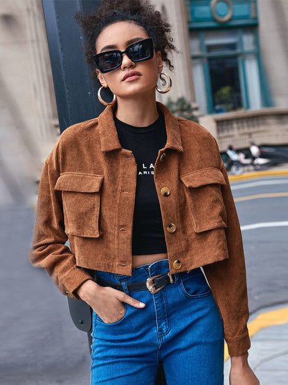 Cropped Corduroy Jacket with Lapel and Flap Pockets