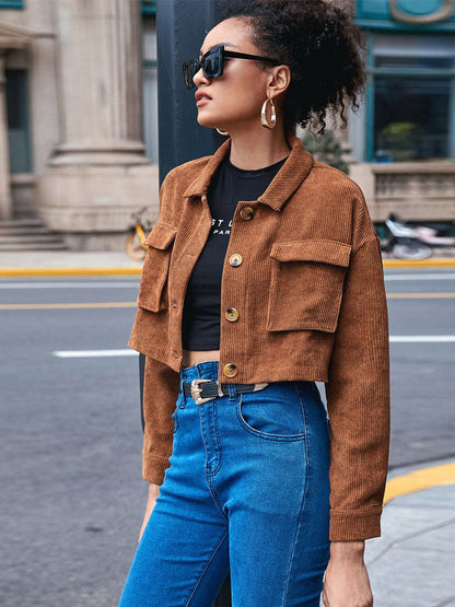 Cropped Corduroy Jacket with Lapel and Flap Pockets