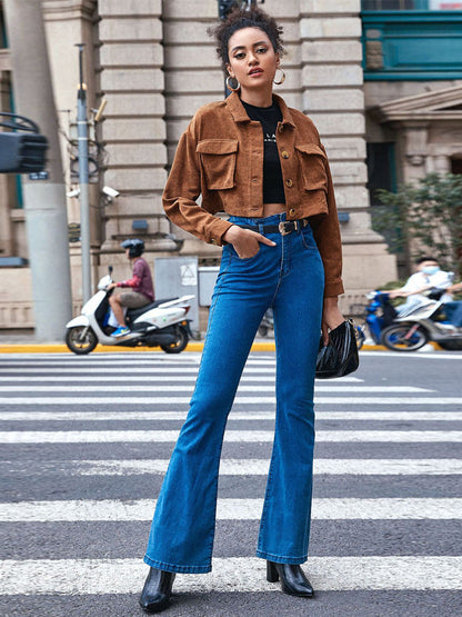Cropped Corduroy Jacket with Lapel and Flap Pockets