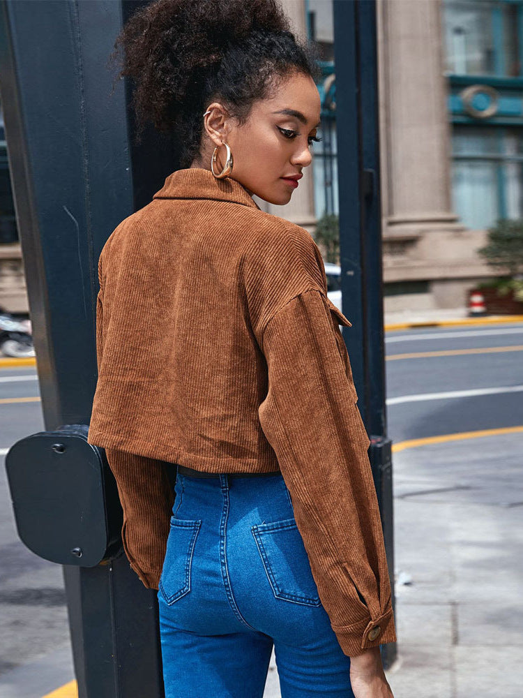 Cropped Corduroy Jacket with Lapel and Flap Pockets