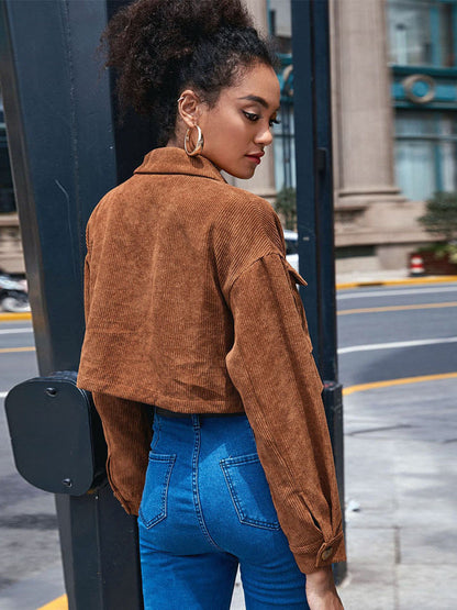 Cropped Corduroy Jacket with Lapel and Flap Pockets