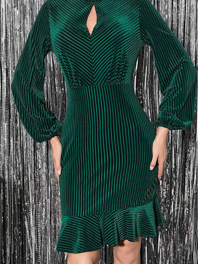 Ribbed Bodycon Midi Dress with Keyhole Neck and Fishtail Hem