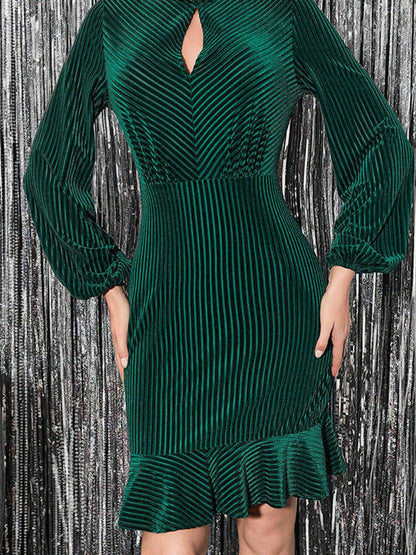 Ribbed Bodycon Midi Dress with Keyhole Neck and Fishtail Hem