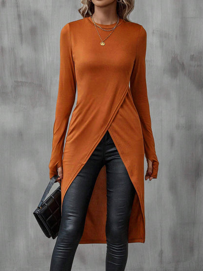Slim Fit Long Sleeve Top with Crossover Front and Asymmetric Hem