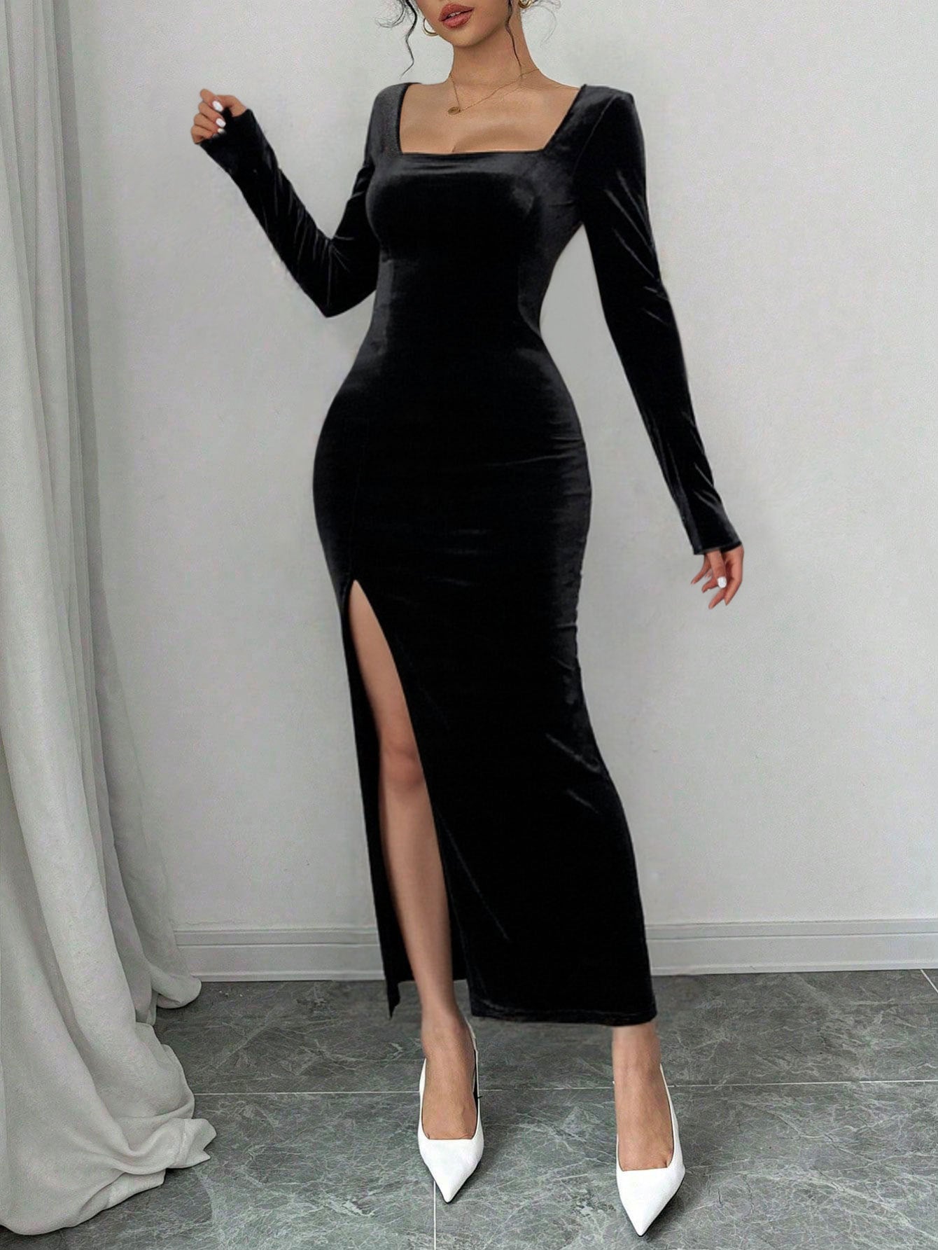 Bodycon Velvet Maxi Dress with Long Sleeves and Side Slit