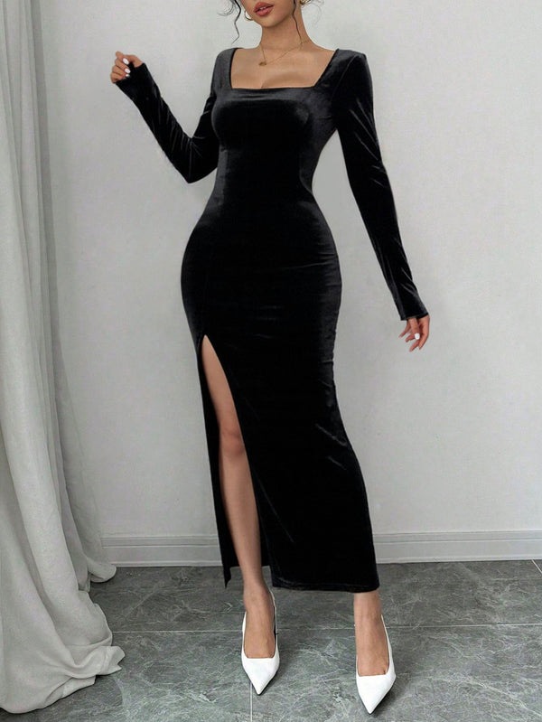 Bodycon Velvet Maxi Dress with Long Sleeves and Side Slit