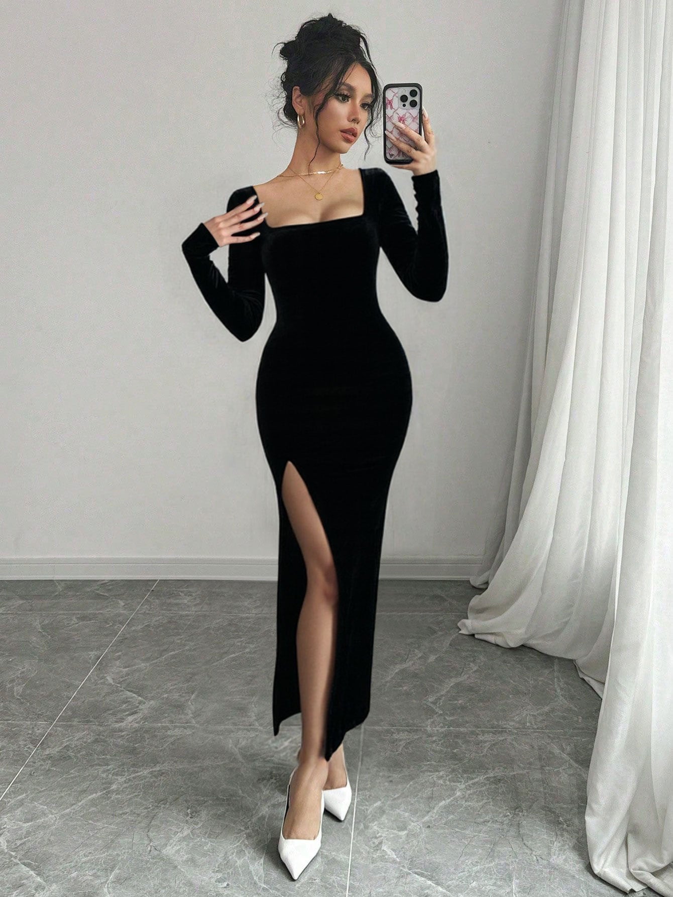 Bodycon Velvet Maxi Dress with Long Sleeves and Side Slit