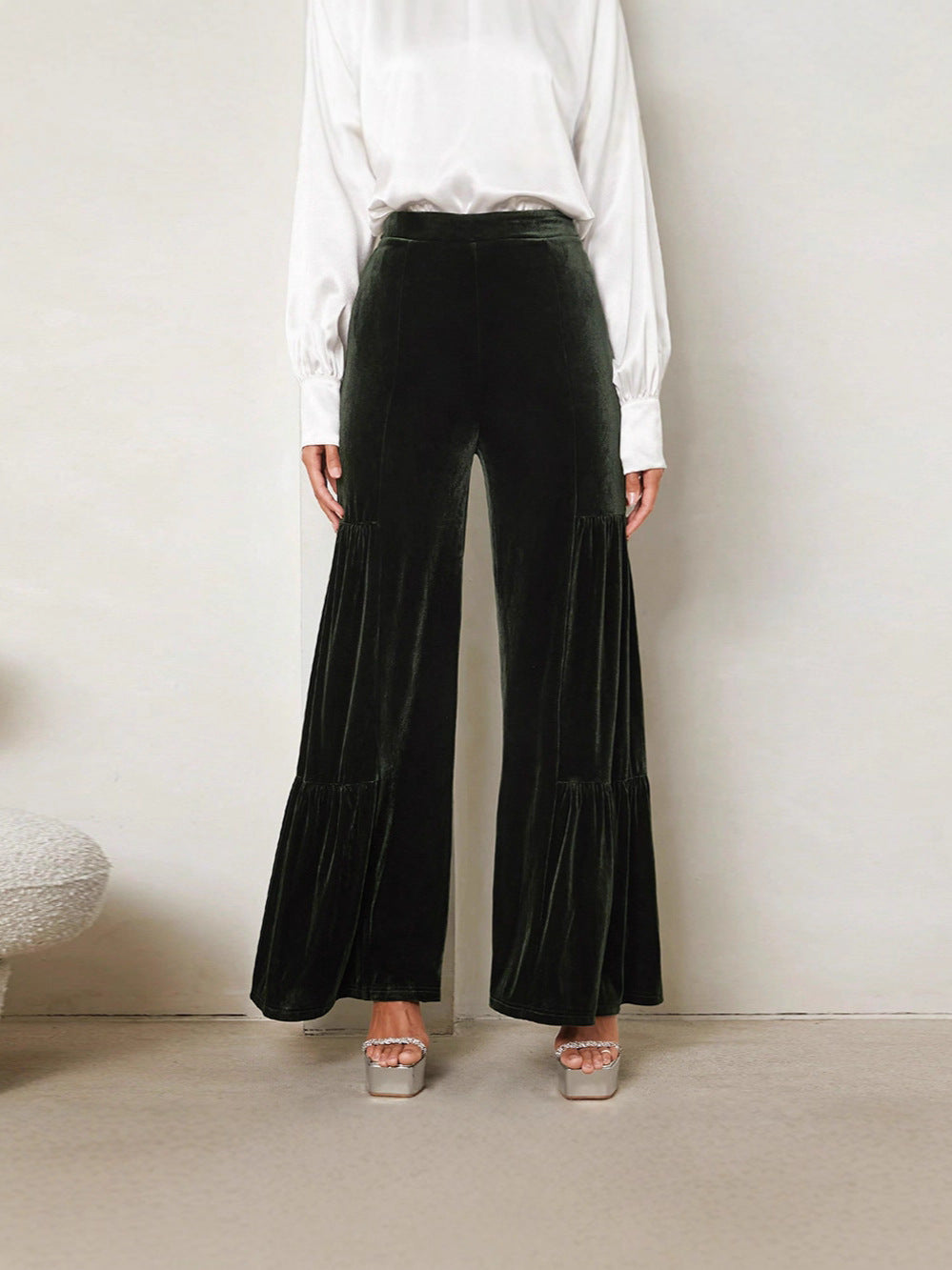 High-Waisted Velvet Wide-Leg Pants with Tiered Detail