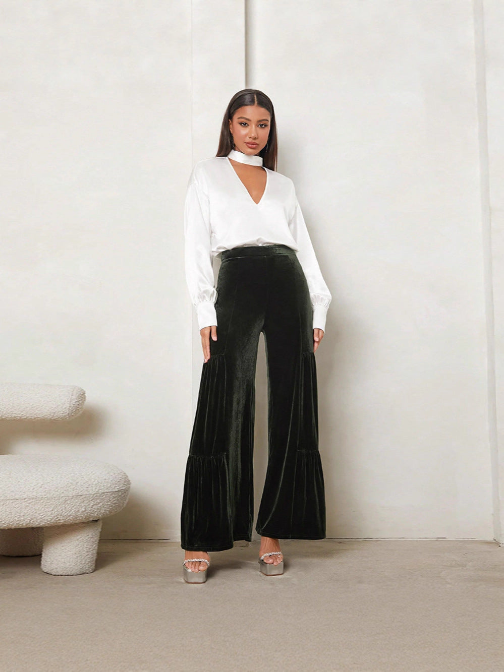 High-Waisted Velvet Wide-Leg Pants with Tiered Detail