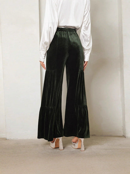 High-Waisted Velvet Wide-Leg Pants with Tiered Detail