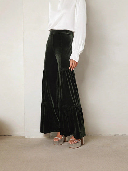 High-Waisted Velvet Wide-Leg Pants with Tiered Detail