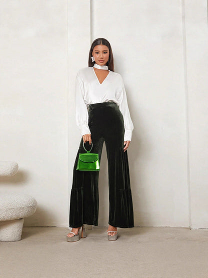 High-Waisted Velvet Wide-Leg Pants with Tiered Detail