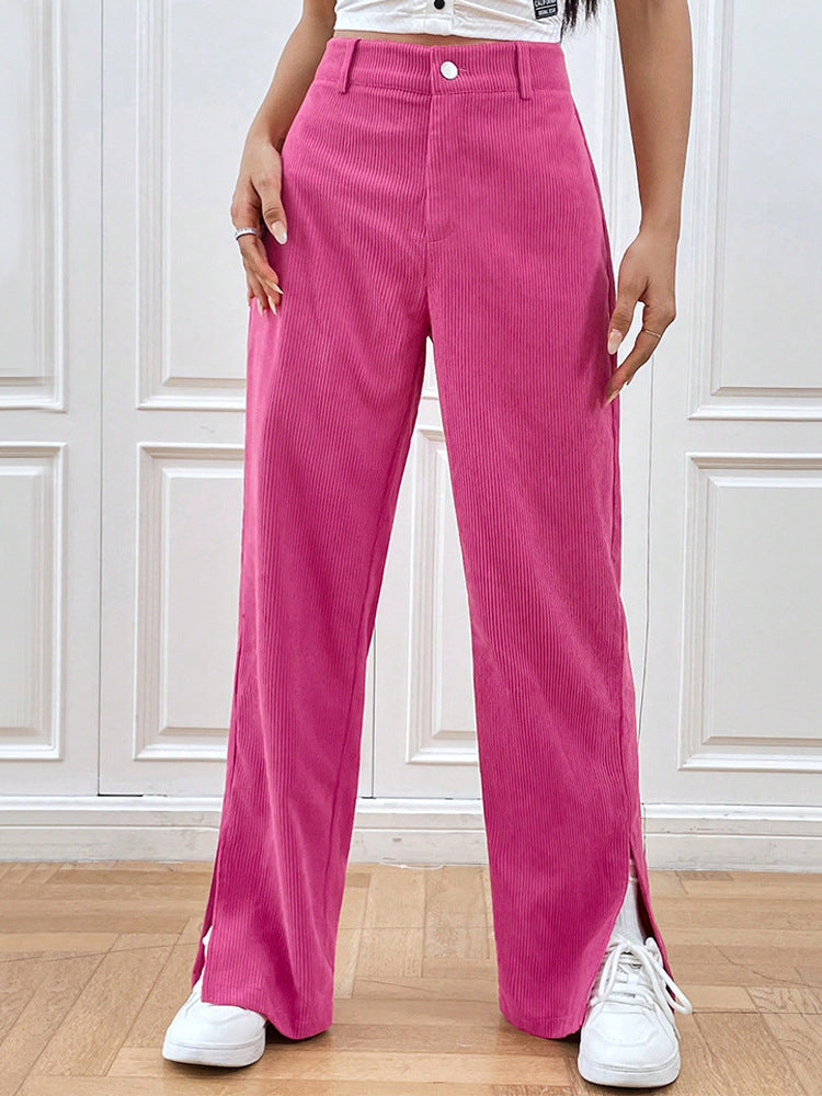 High-Waist Straight-Leg Corduroy Pants with Side Slits