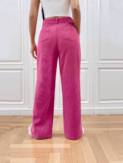 High-Waist Straight-Leg Corduroy Pants with Side Slits
