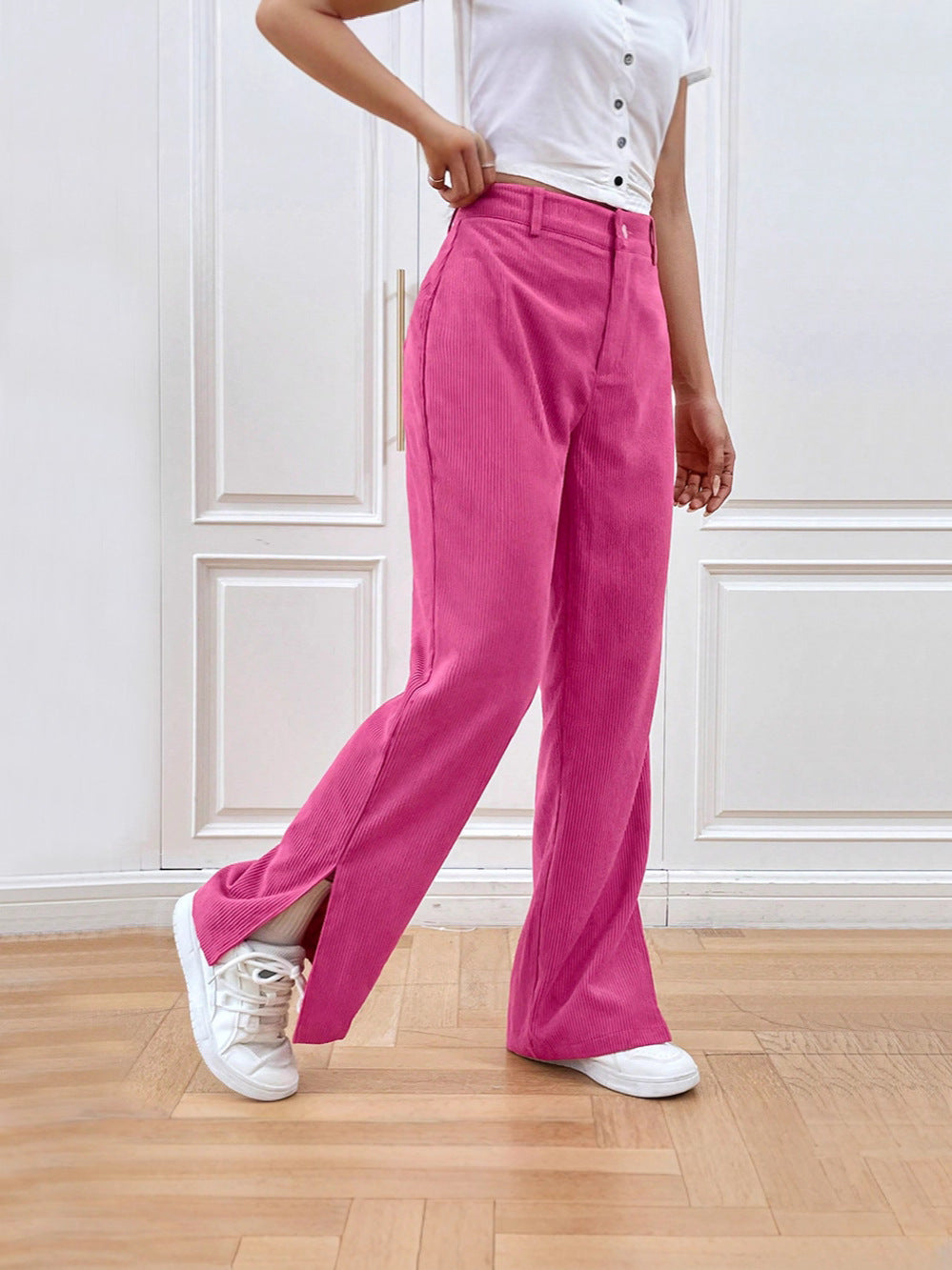 High-Waist Straight-Leg Corduroy Pants with Side Slits