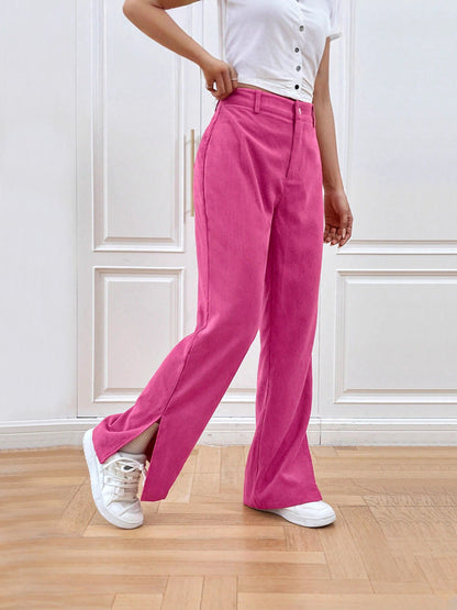 High-Waist Straight-Leg Corduroy Pants with Side Slits