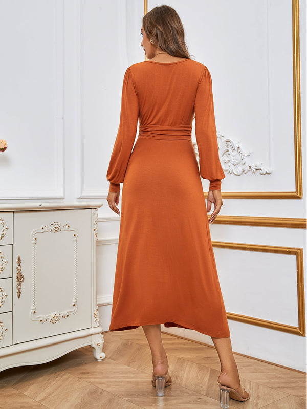 Solid V-Neck Midi Dress with Ruched Waist and High Slit