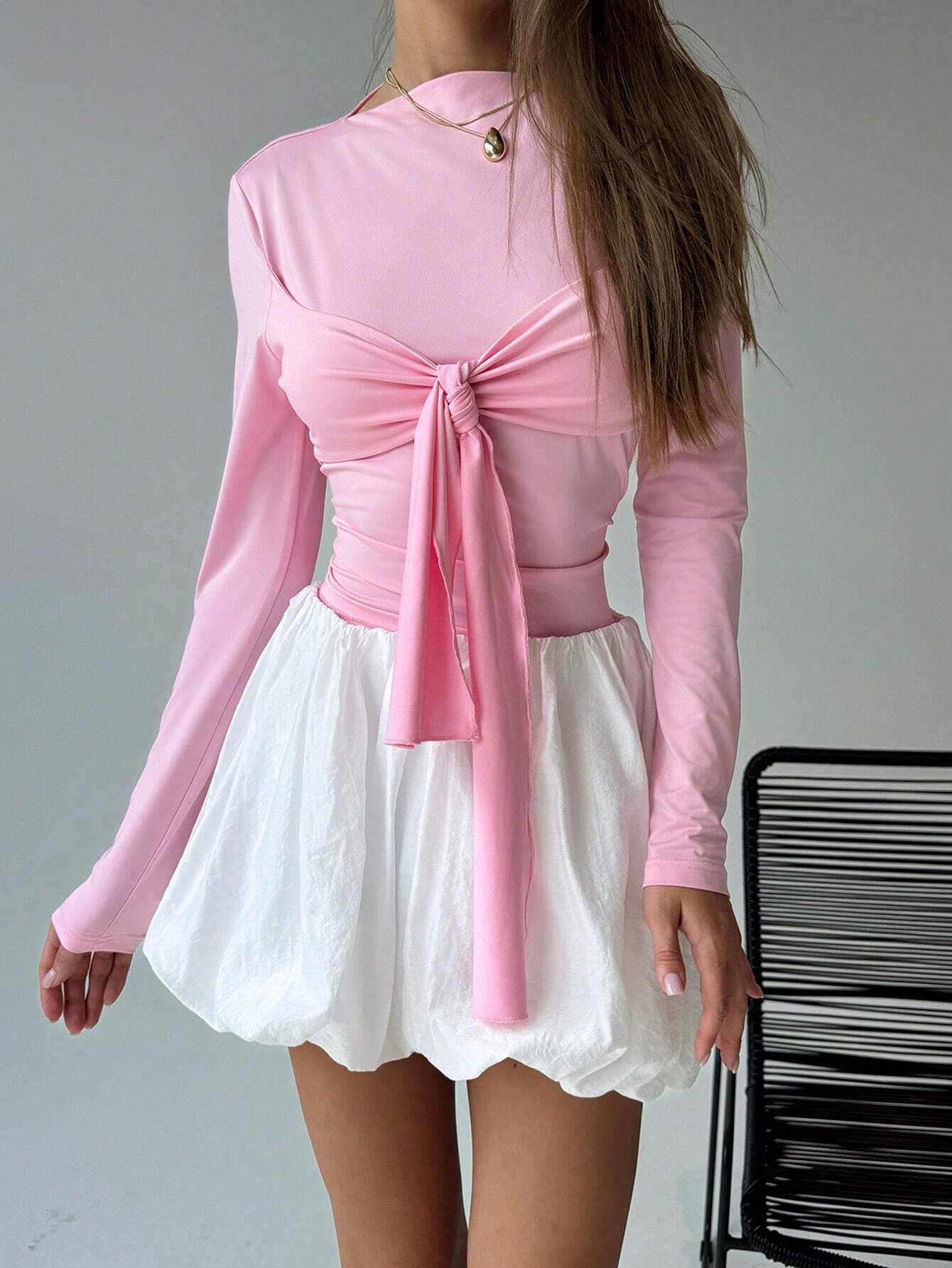 Tie-Front Long Sleeve Top and Bubble Hem Mini Skirt Set