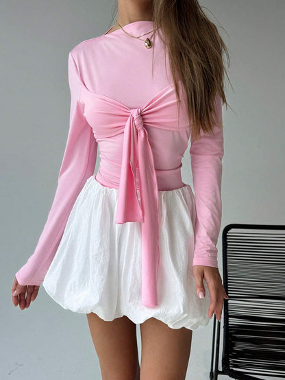 Tie-Front Long Sleeve Top and Bubble Hem Mini Skirt Set