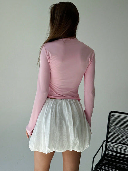 Tie-Front Long Sleeve Top and Bubble Hem Mini Skirt Set