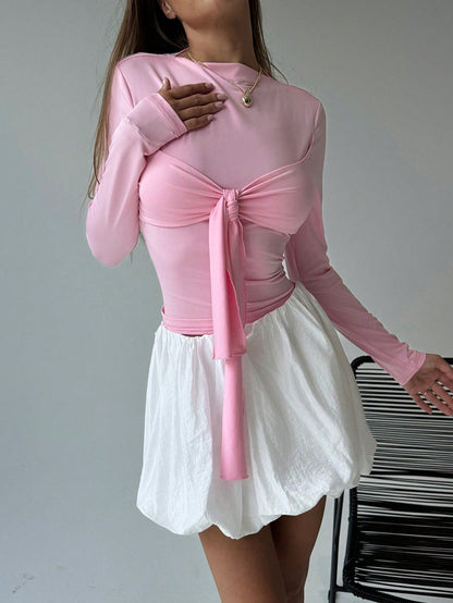 Tie-Front Long Sleeve Top and Bubble Hem Mini Skirt Set