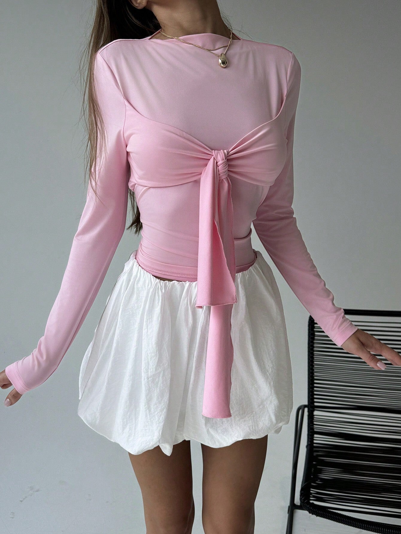 Tie-Front Long Sleeve Top and Bubble Hem Mini Skirt Set