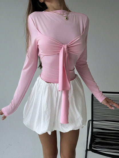 Tie-Front Long Sleeve Top and Bubble Hem Mini Skirt Set