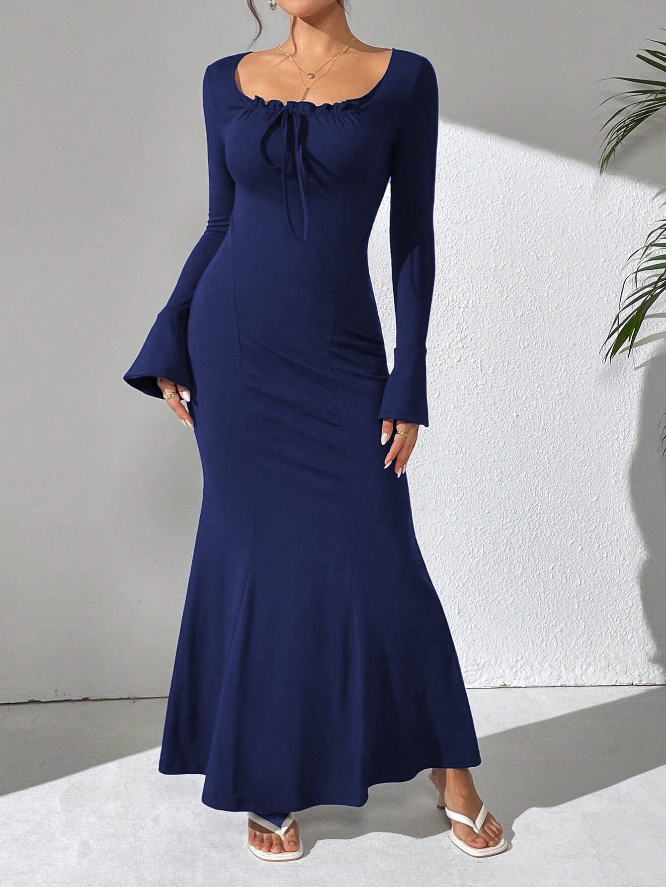 Long Sleeve Fishtail Maxi Dress with Drawstring Square Neck