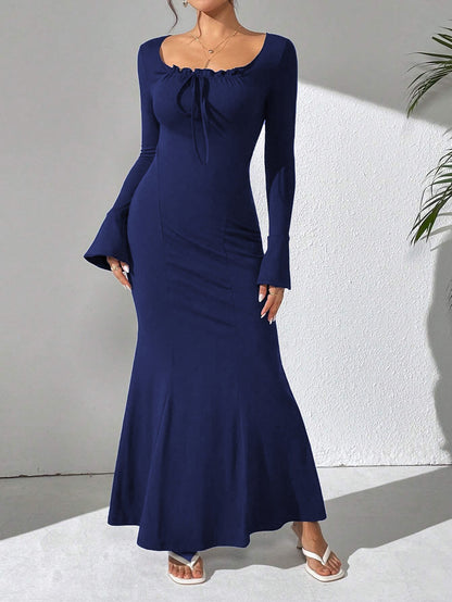 Long Sleeve Fishtail Maxi Dress with Drawstring Square Neck