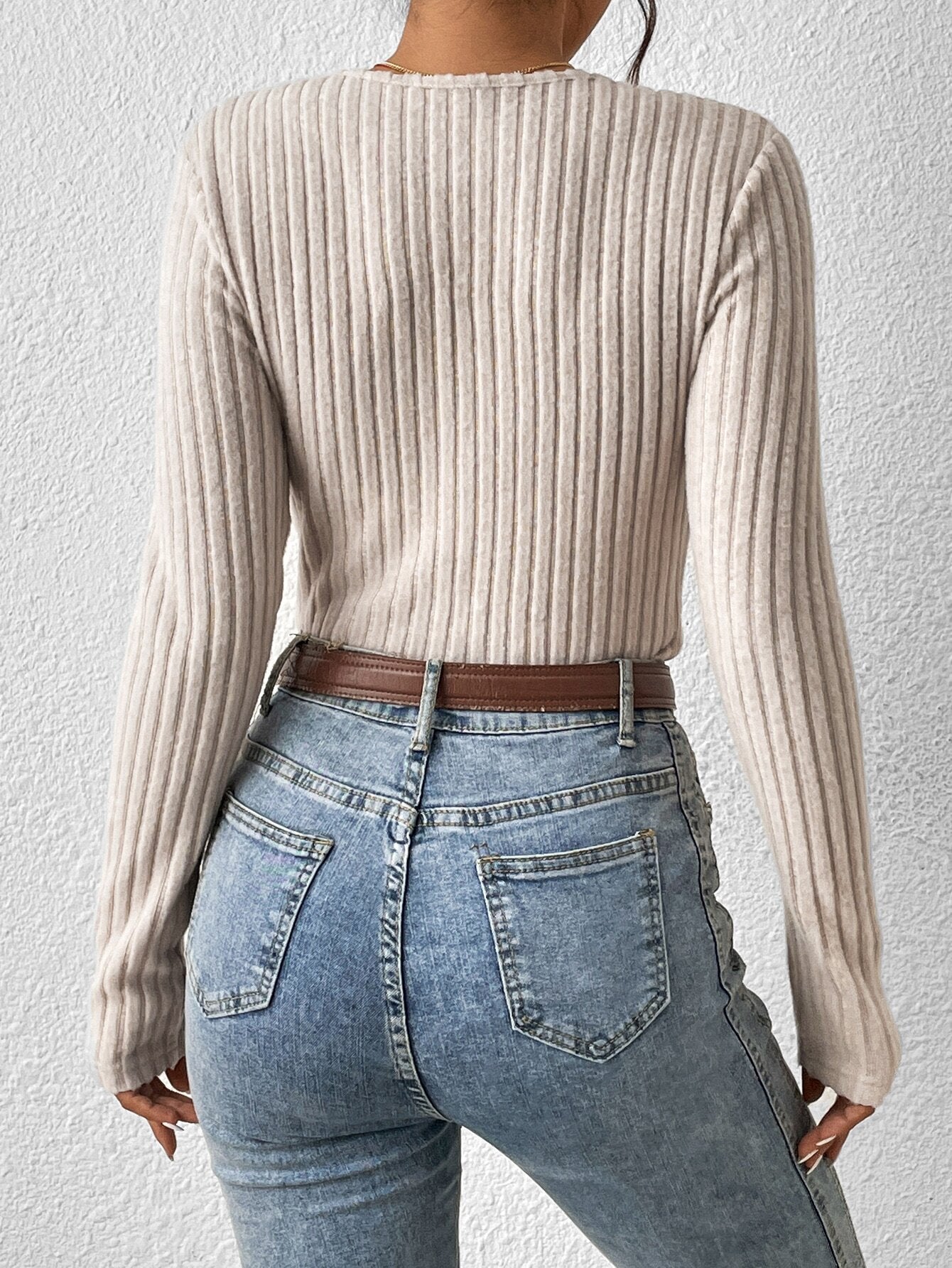 Surplice V-Neck Ribbed Knit Top with Long Sleeves
